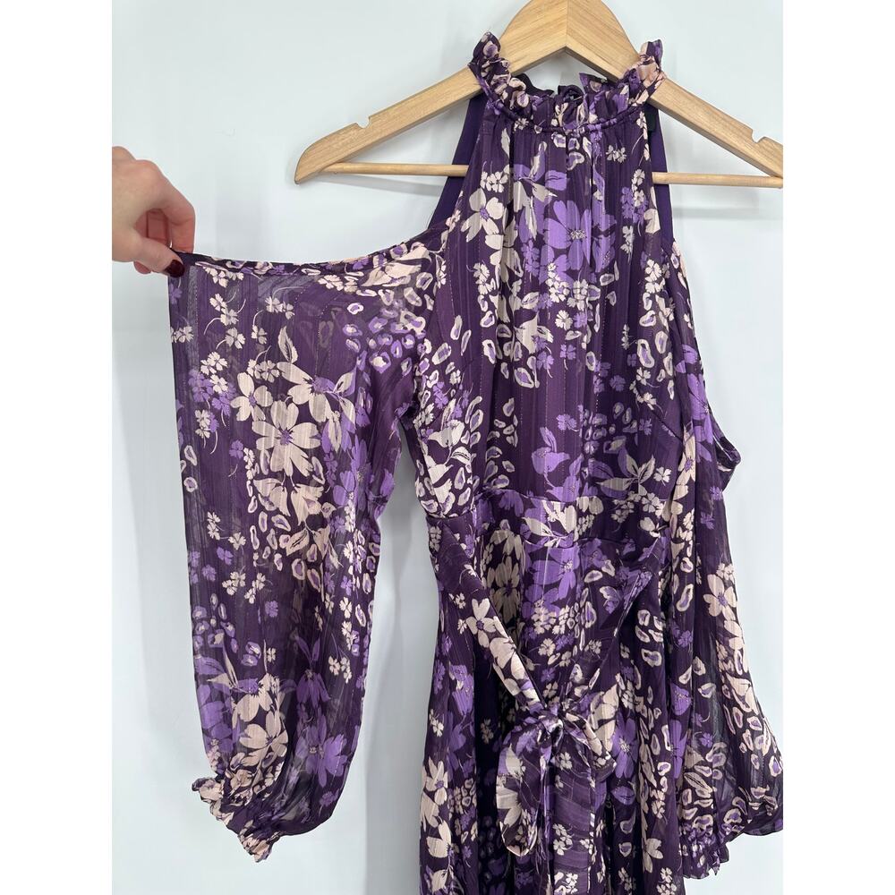 Lulus Storybook Sweetheart Cold Shoulder Midi Dress Floral Halter Ruffle Belted - Picture 9 of 13